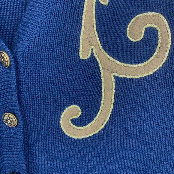 Vtg Portraits x Northern Isles Sz L Navy Blue Gold Applique Cardigan Sweater - Picture 3 of 8